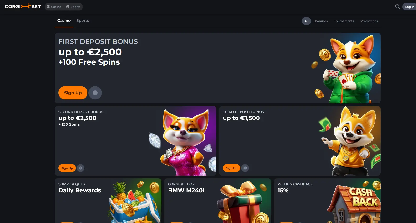 Uvítací bonus Corgibet Casino až 4 500 EUR a 350 free spinů