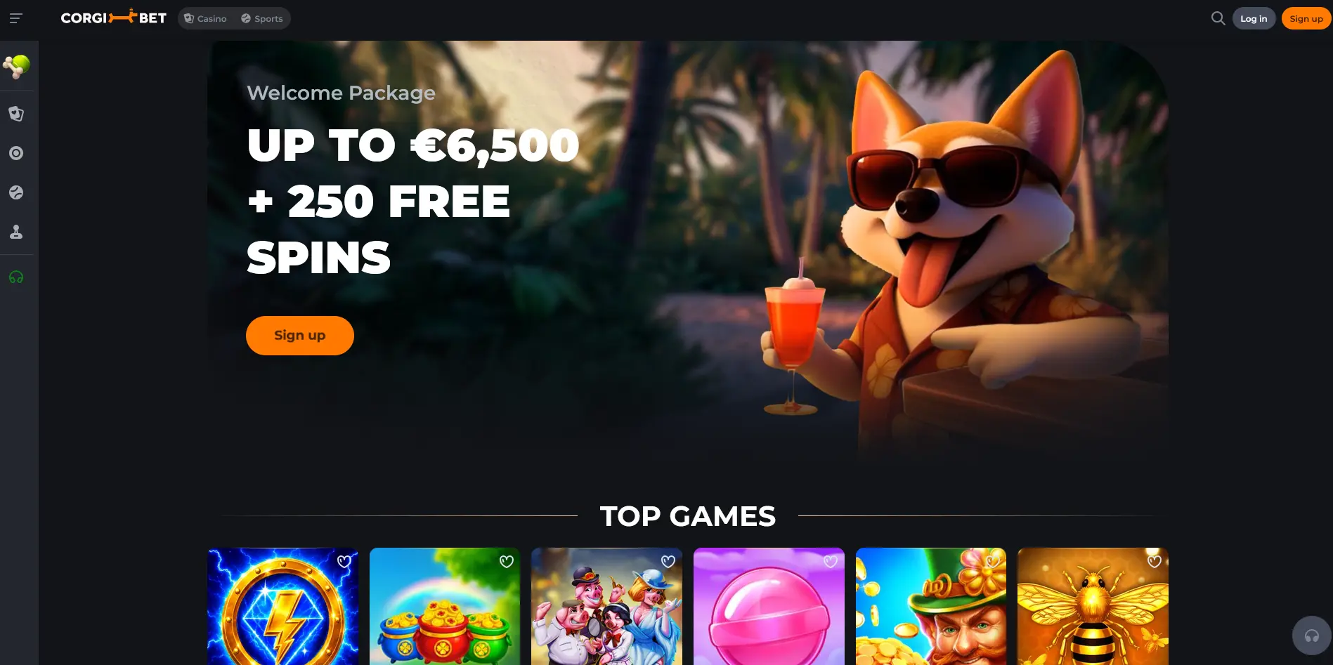 Domovská stránka Corgibet Casino s uvítacím balíčkem a přehledem her