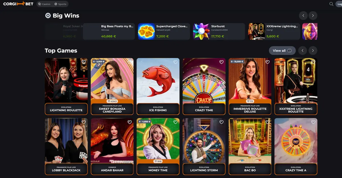 Live casino Corgibet Casino s reálnými krupiéry od Evolution Gaming