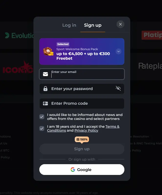 Registrace nového účtu v Corgibet Casino